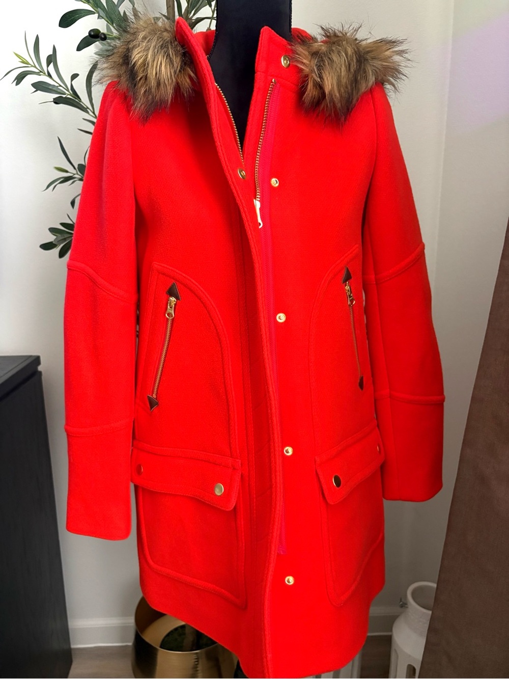 J. Crew Women’s Red Wool-Blend Parka Coat with Faux-Fur Trim